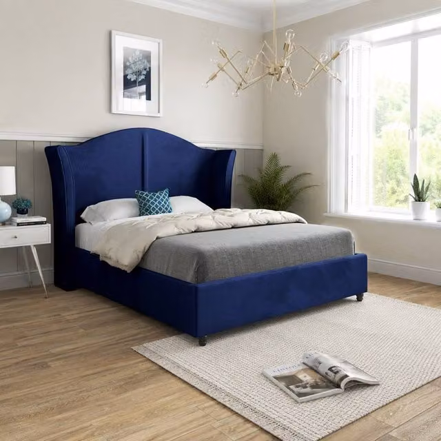Casani Tirley Curved Winged Upholstered Designer Bed Frame in Blue Soft Velvet, Size: Single (90 x 200 cm) – 1