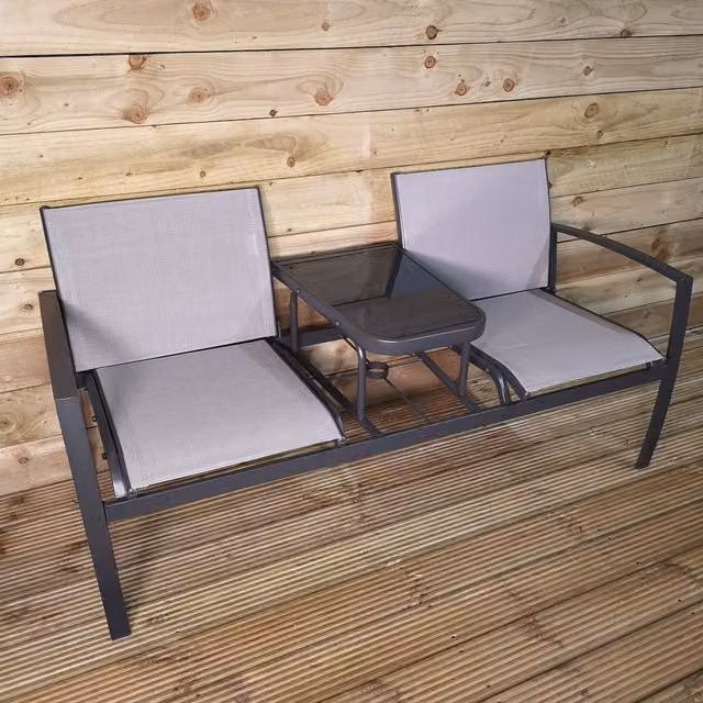 Samuel Alexander Modern Grey Metal and Textilene 2 Person Love Seat with Glass Table