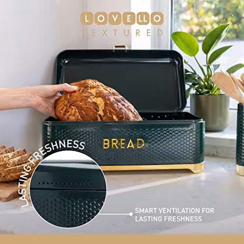 KitchenCraft Textured Large Ventilated Bread Bin with Lid, Hunter Green and Gold, W: 41.5 cm, H: 18 cm, D: 18 cm – 3