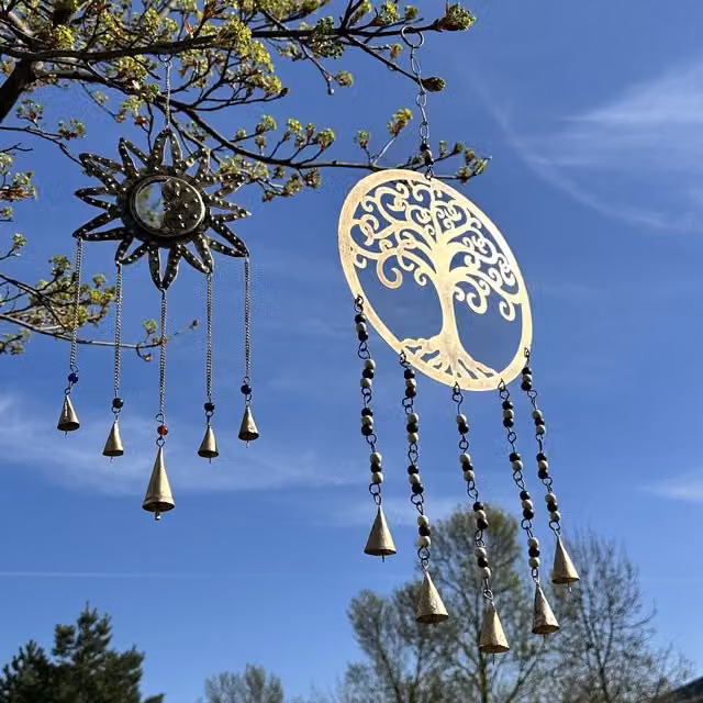 KDMK Indian Tree of Life Large Hanging Bell Chimes in Gold Metal and Brass