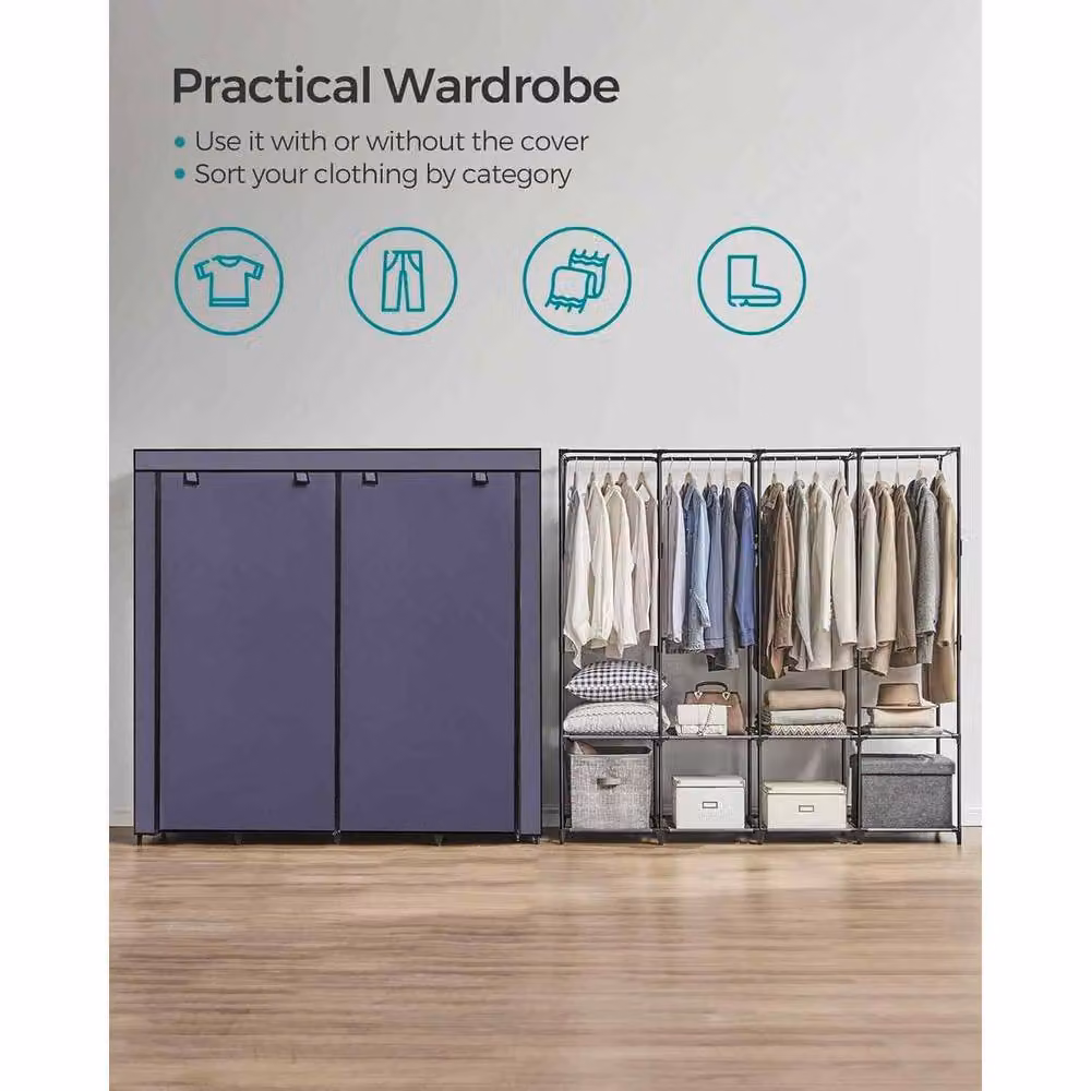 The Bazaarist Portable Clothes Wardrobe with 4 Hanging Rails, Blue – 3