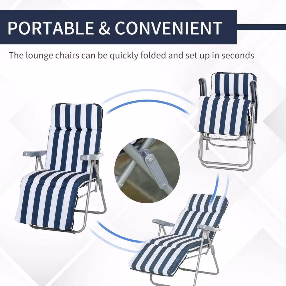 Kelvenix Set of 2 Blue and White Striped Folding Sun Lounger Recliner Chairs with Armrests – 3