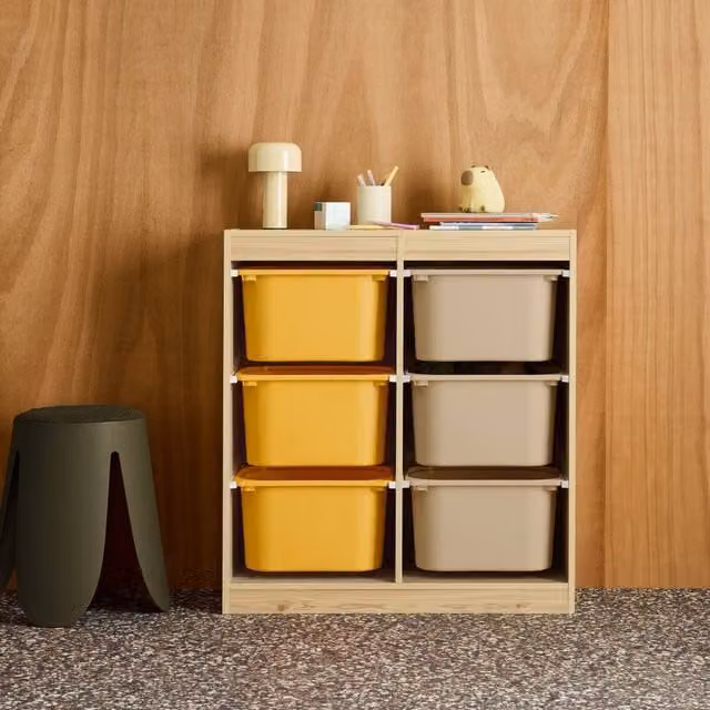 sweeek Childrens Storage Unit with 6 Colourful Bins, Natural Mustard and Yellow