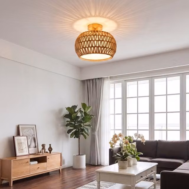 Livingandhome Rattan and Fabric Double Shade Ceiling Light in Natural Wood and Brown