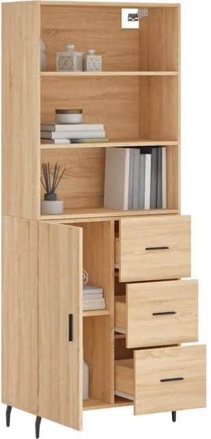 Berkfield Home Sonoma Oak Highboard in Beige and Brown, W/D/H: 69.5 x 34 x 180 cm