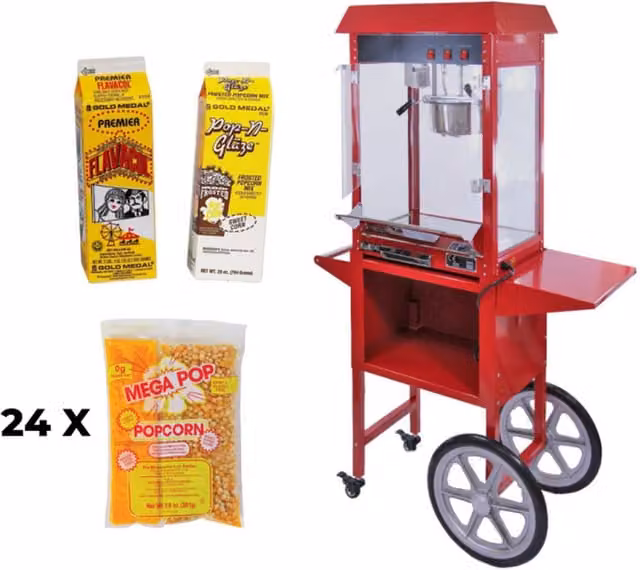 KuKoo Red Popcorn Machine and Cart with 8oz Metal Kettle