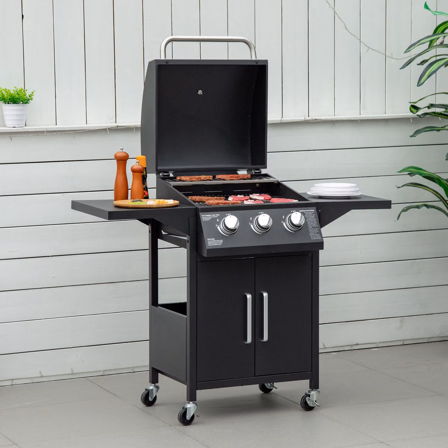 Outsunny 3 Burner Gas BBQ Grill Trolley in Black with Warming Rack, Thermometer and Storage Cabinet – 2
