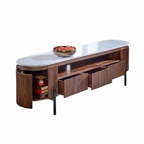 Indian Hub Opal Large TV Stand with Marble Top and Metal Legs in Brown, W: 170 cm, D: 40 cm, H: 50 cm – 2