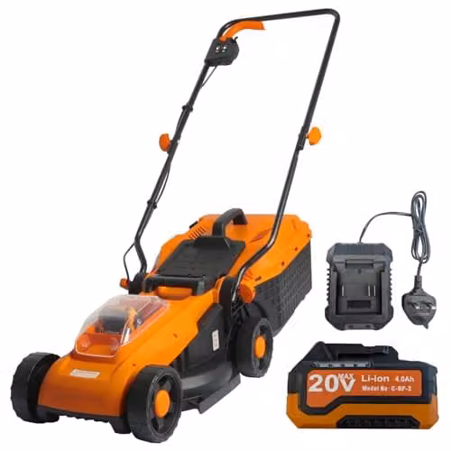 Lazy Tools Cordless Lawnmower in Orange with 4.0Ah Rechargeable Battery, Charger, 330mm Cutting Width and 30L Collection Bag – 1