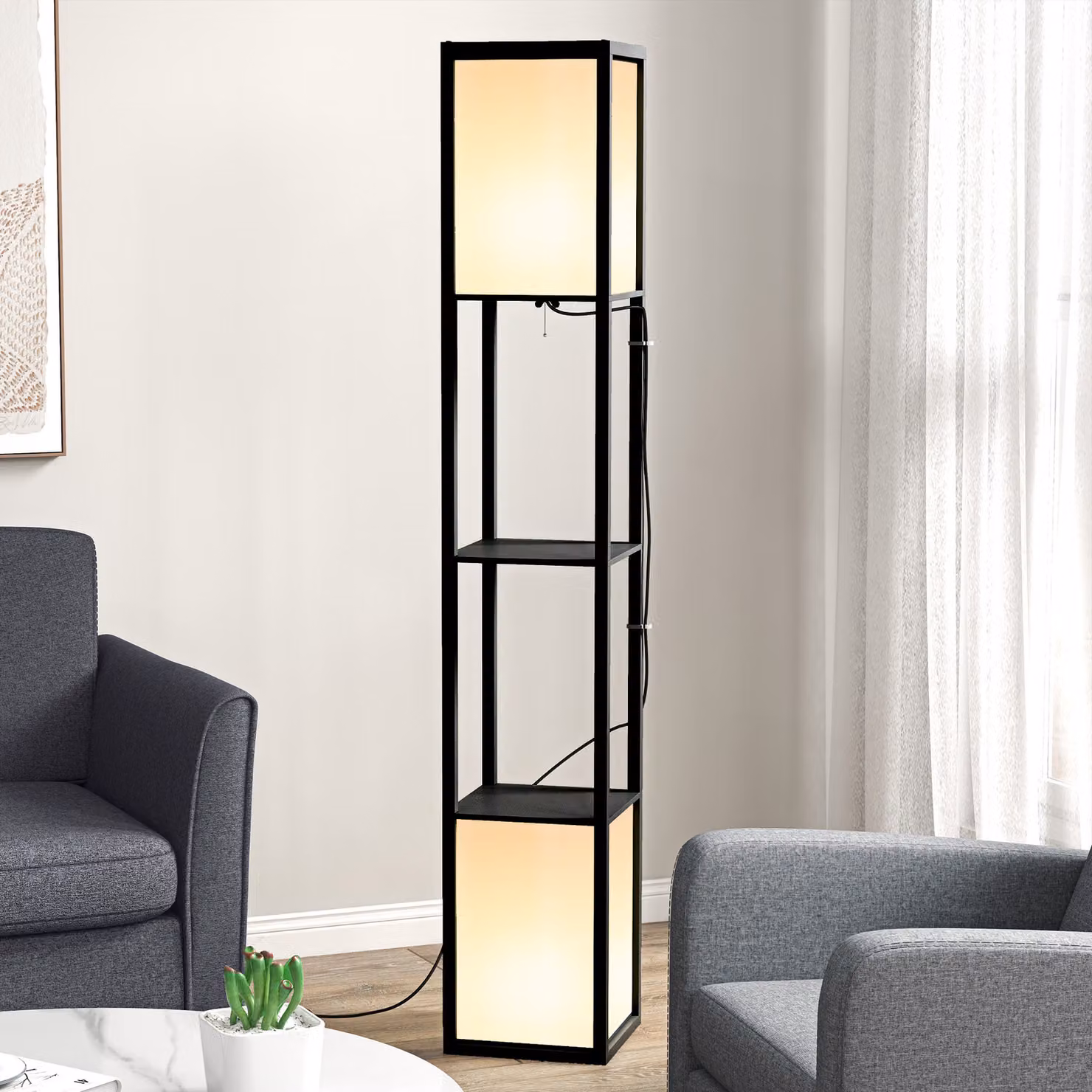 HOMCOM Floor Lamp with Two Shelves and Dual Ambient Light in Black – 7