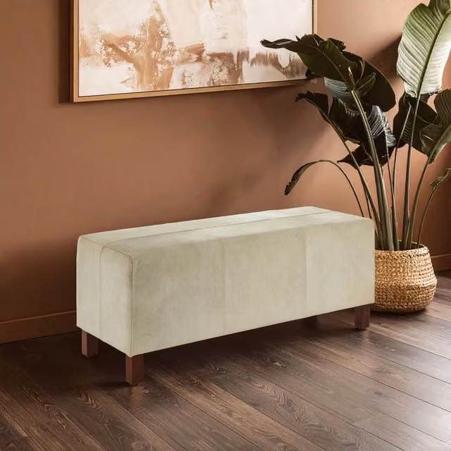 Orsina Natural Leather Upholstered Bench with Wood Legs, W/D/H: 110 x 42 x 45 cm