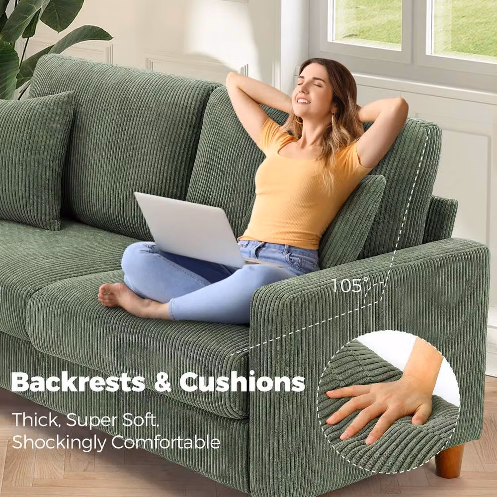 Dprodo Corduroy Upholstered Seater Sofa in Green with Scatter Cushions, W: 178 cm – 3