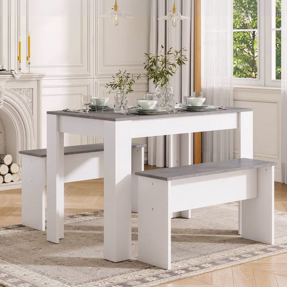 Rolipo Grey and White Artificial Marble Dining Table Set with 2 Benches – 1