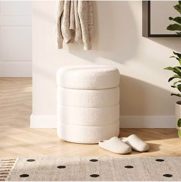 Living and Home Teddy Fleece Upholstered Storage Ottoman in White – 1