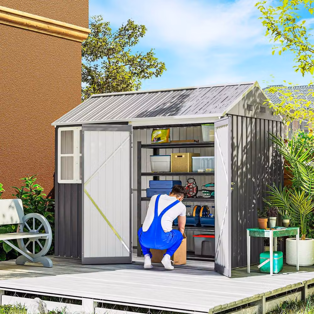 Rolipo Galvanised Metal Garden Shed with Double Doors, Window and Vents, Grey, W/D/H: 243.84 x 182.88 x 222.0 cm – 2