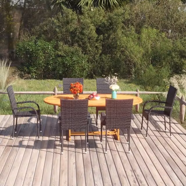 Berkfield Home 7 Piece Modern Poly Rattan Garden Dining Set in Black with Acacia Wood