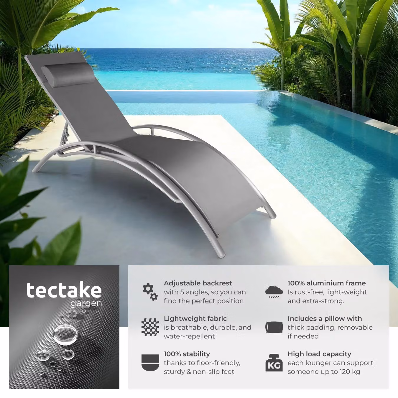 tectake Alina Sun Lounger Set of 2 in Grey with Powder Coated Aluminium Frame and Textilene Fabric – 2