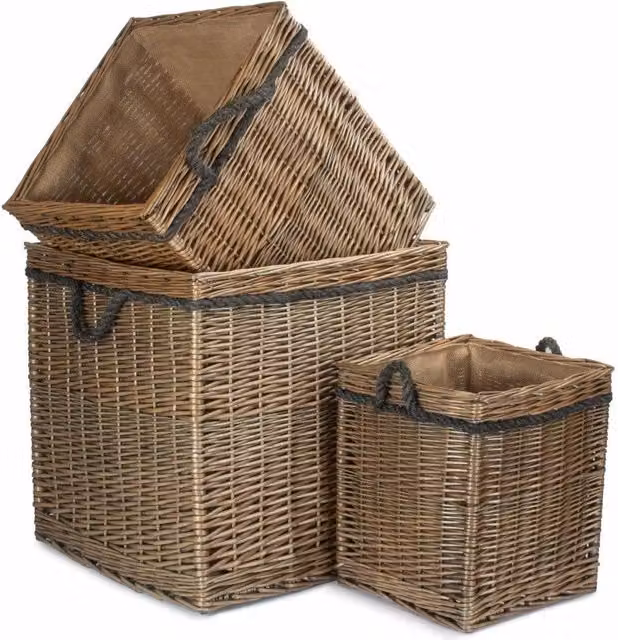 Red Hamper Set of 3 Antique Wash Square Storage Log Baskets in Light Brown and Red with Handles