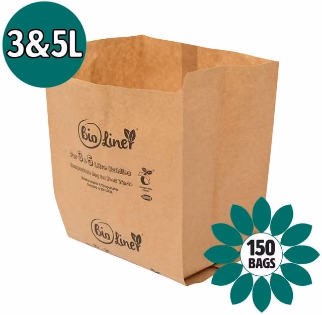 Bioliner Brown Compostable Paper Caddy Liners, Small 3L and 5L, 150 Bags
