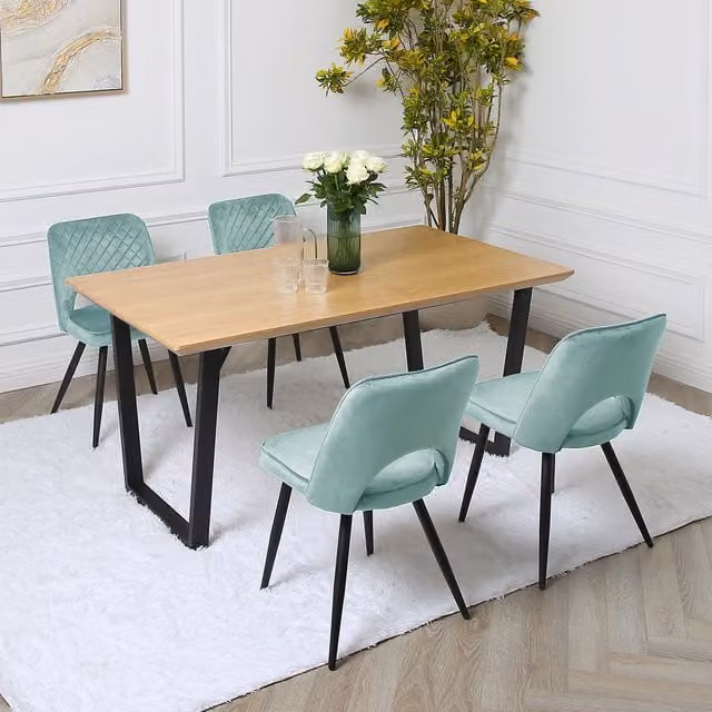 Home Garden Direct Provence Dining Set with Oak Veneer Rectangular Table and 4 Petrol and Black Chairs