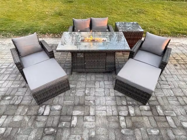 Fimous 6 Seater Rattan Outdoor Garden Dining Set with Gas Firepit Table and 2 Footstools in Dark Grey