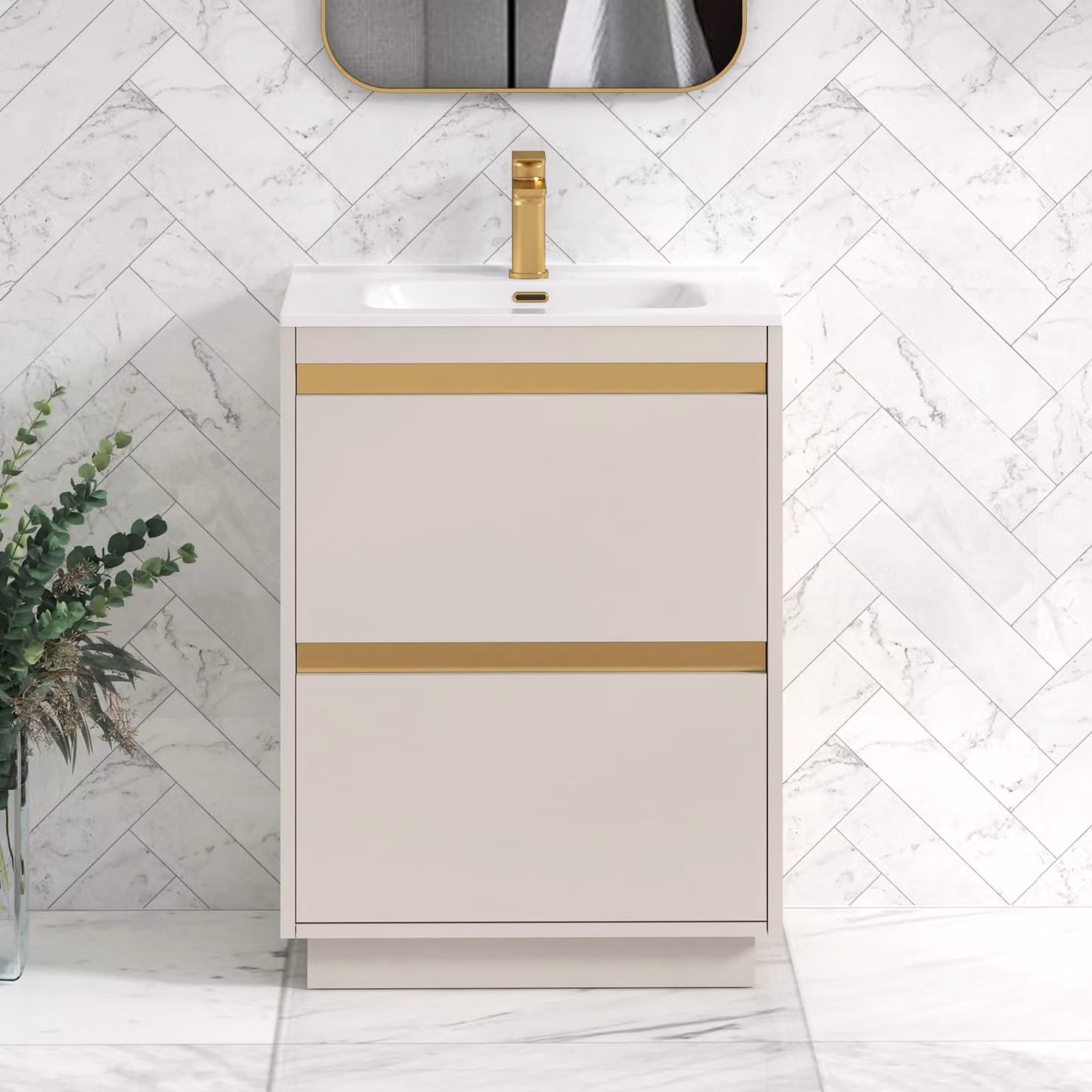 Royal Bathrooms Orion 600mm Warm Taupe 2 Drawer Floor Standing Vanity Unit with Ceramic Basin and Brushed Brass Accent Trim