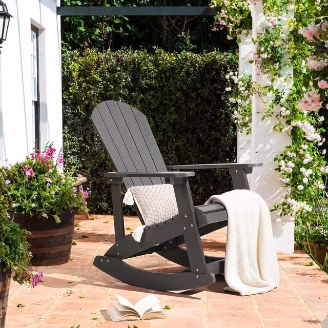 Wyld and Coco Everwood Garden Rocking Chair in Dark Grey with Plastic Wood Slats and Stainless Steel Frame
