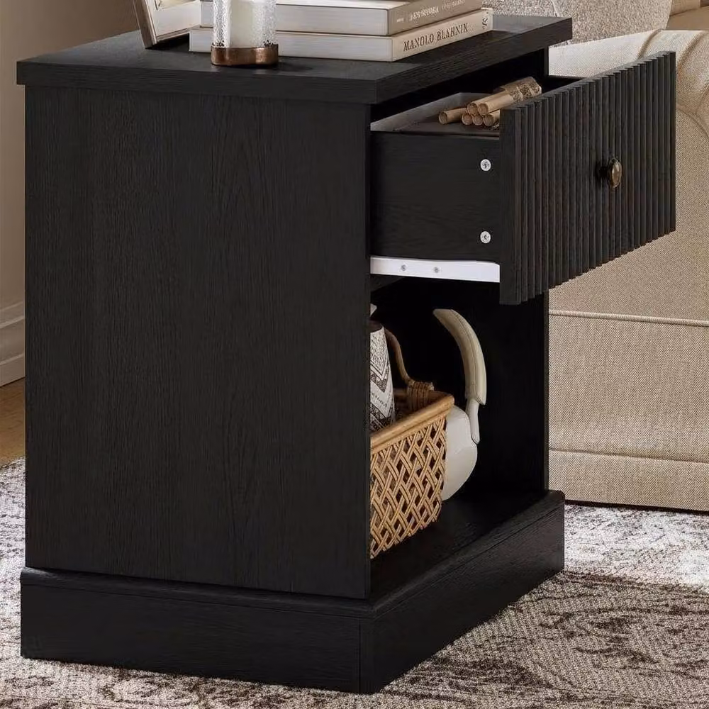 London Boutique Modern Fluted Bedside Cabinet and End Table with Drawer and Shelf in Black – 4