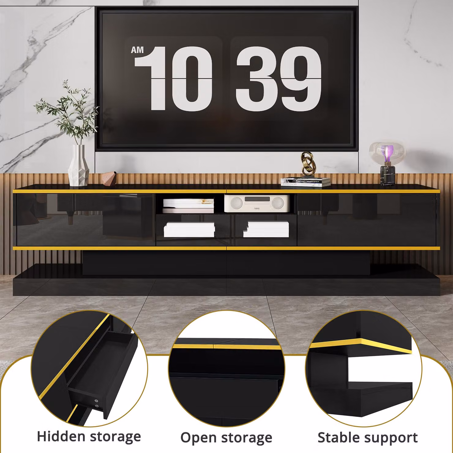 Aosom Modern Black and Gold TV Cabinet with 3 Drawers, Open Compartment and Integrated LED Lighting, W/D/H: 180 x 38 x 45 cm – 5
