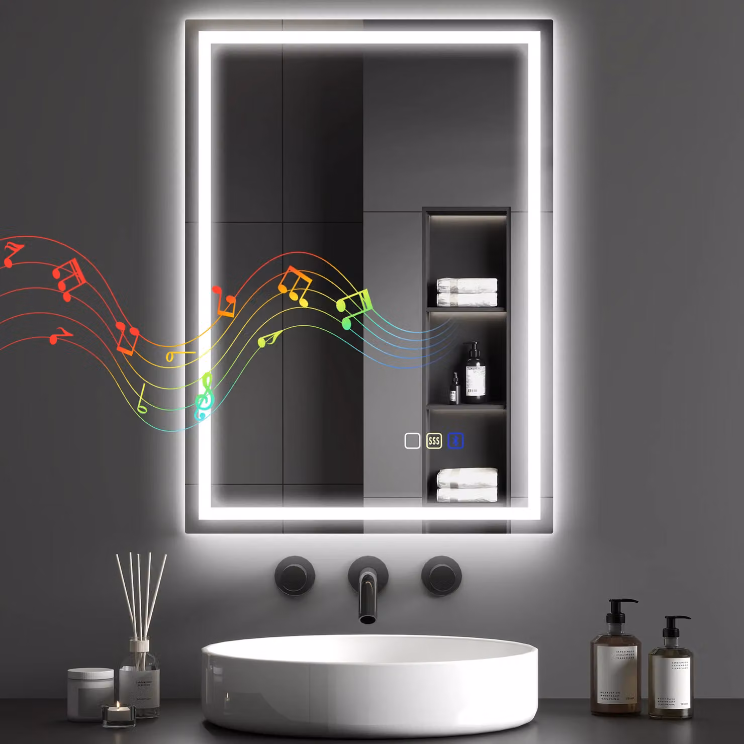 HOMCOM Silver Rectangular Wall Mounted Bathroom Mirror with Bluetooth, LED Lights and Demister Pad, W: 50 cm, H: 70 cm – 2