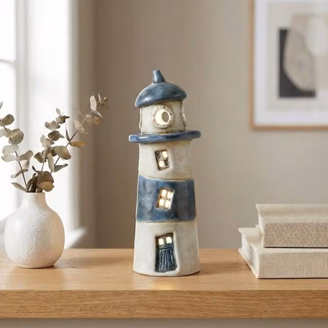 Garden Greatness Maritime Light Up Coastal Lighthouse Ornament in Blue and White