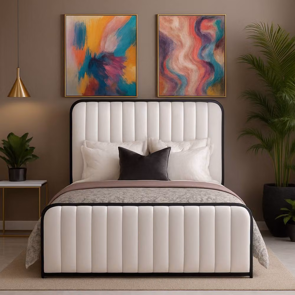 Harmin Modern White Upholstered Double Bed Frame with Black Trim and Built-in Pet Nook, W/D/H: 140 x 200 x 137.16 cm – 2