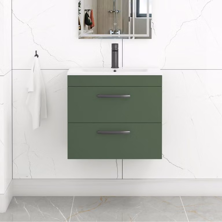 Royal Bathrooms Turin 600mm Wall Hung Vanity Unit in Matt Green with 2 Drawers and Matt Black Handles
