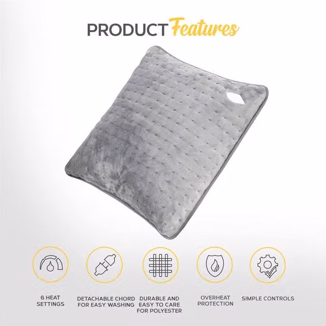MONHOUSE Grey Fleece Heated Square Pillow with 3 Heat Settings and Rapid Heat Up, W/D/H: 45 x 45 x 45 cm