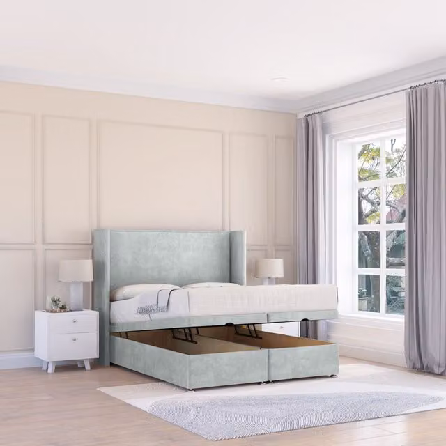 Sloomy Devonshire Naples King Size Fabric Ottoman Bed with Lift Up Base, Hybrid Sprung Memory Mattress and 54 Inch Winged Floorstanding Headboard in Silver Grey