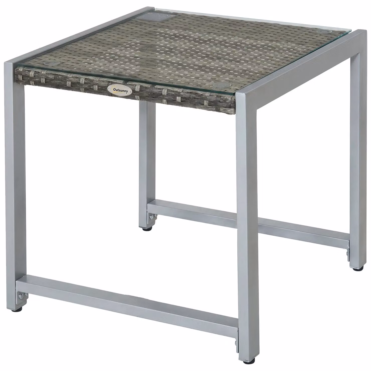 Outsunny Modern Rattan Side Table with Glass Top and Metal Frame in Grey – 3