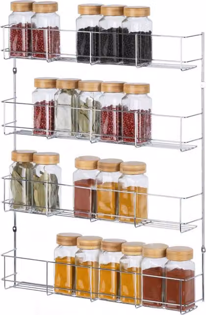 LIVIVO 4 Tier Metal Spice Rack with Cupboard Door in Metallic Silver