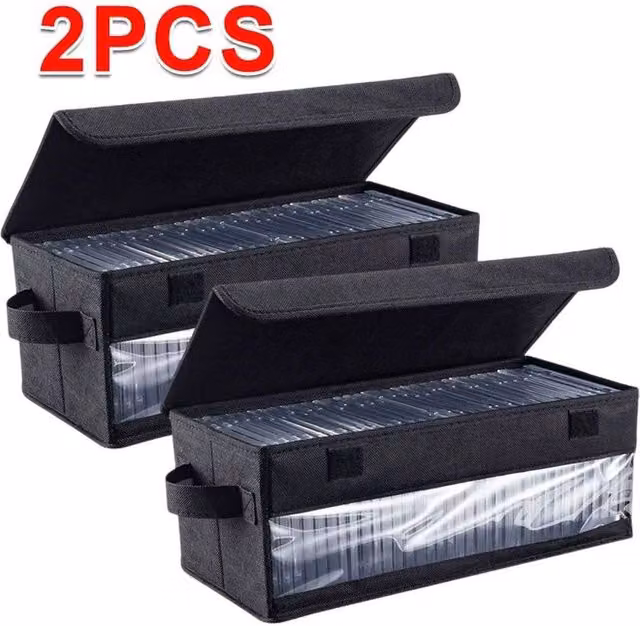 EONLION 2-Piece Black Fabric DVD Storage Boxes with Lids and Handles