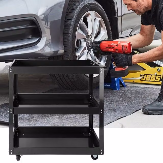 EONLION 3 Tier Rollable Tool Storage Garage Trolley Cart Shelf, Black