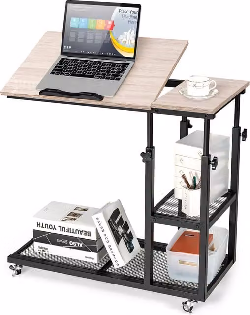 COSTWAY Adjustable C-Shaped Bedside Table in Natural Brown with Castors