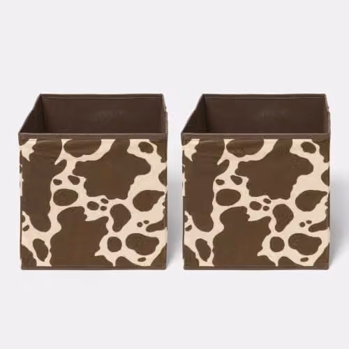 OHS Set of 2 Cow Print Collapsible Fabric Storage Boxes in Brown and White