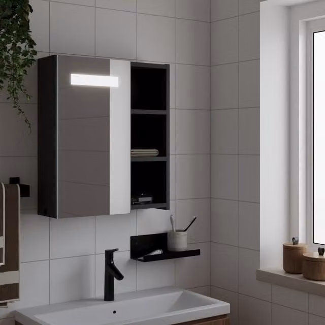 Berkfield Home Black Bathroom Mirror Cabinet with LED Light, W/D/H: 45 x 13 x 52 cm – 1