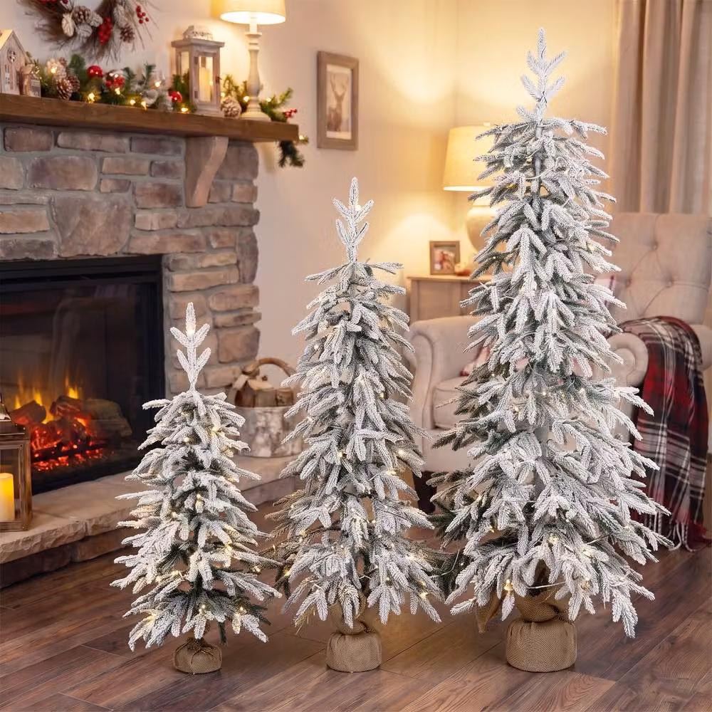 HOMCOM Set of 3 Prelit Flocked Artificial Christmas Trees with Warm White LED Lights – 2