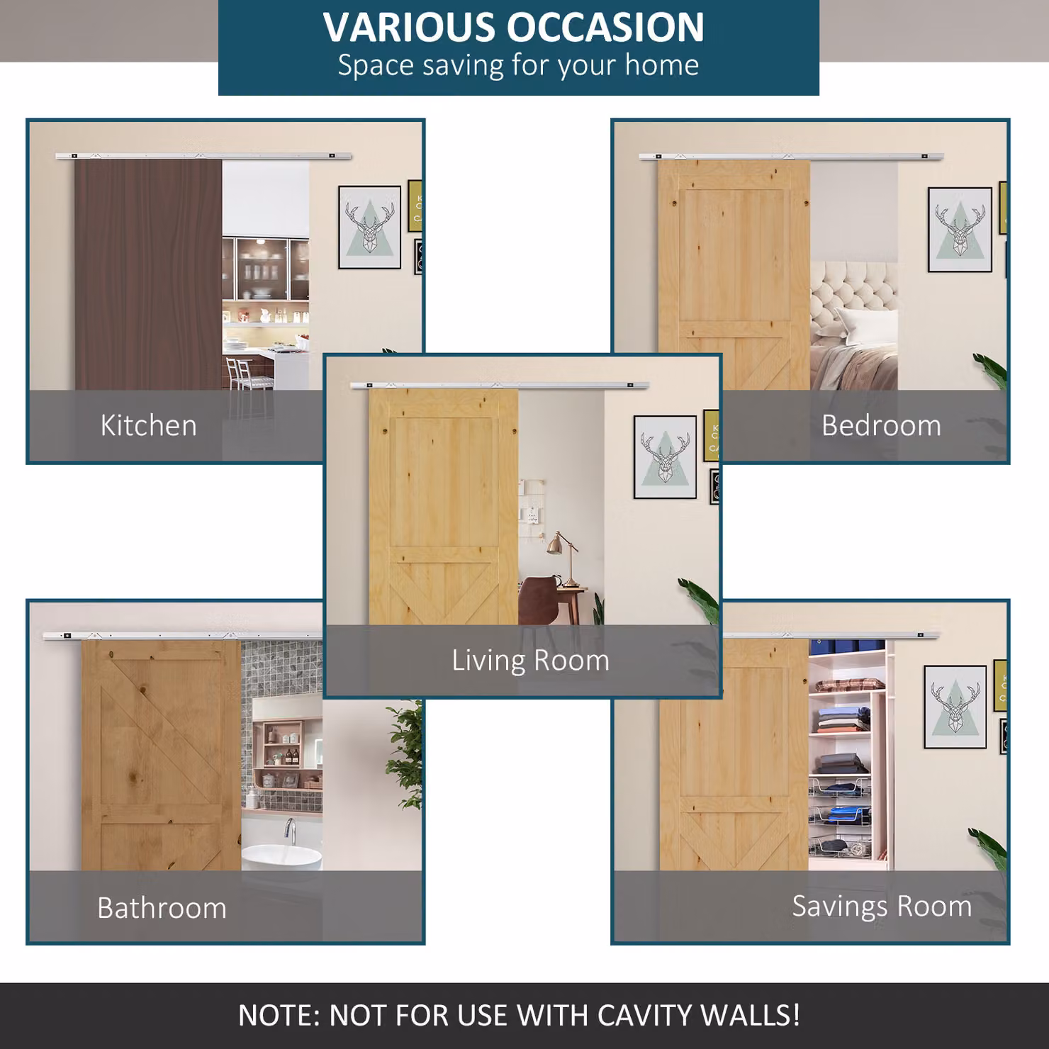 HOMCOM Modern Sliding Barn Door Hardware Track Kit in Silver Stainless Steel for Single Wooden Doors up to 1860mm – 3