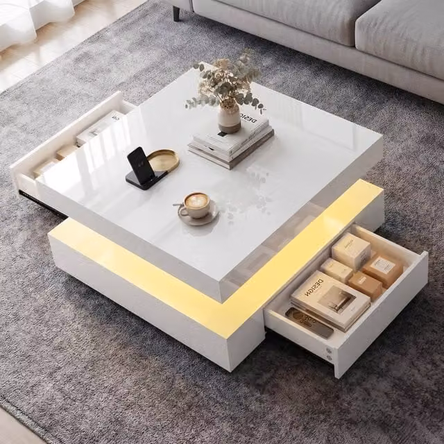 KORVIXA Modern High Gloss LED Coffee Table with 2 Drawers, White, W/D/H: 100 x 100 x 45 cm