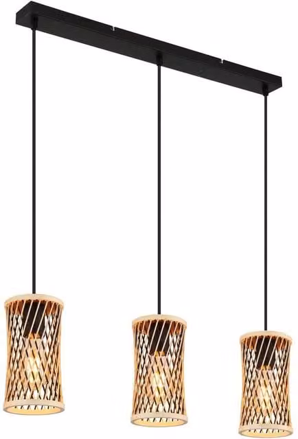 Netlighting Mali Bar Pendant Ceiling Light in Matt Black with Bamboo and Rattan Details, 3x E27