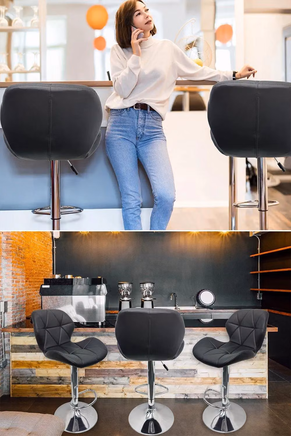 Neel Blue Modern Swivel Barstool in Black and Blue PU Leather with Height Adjustment – 2