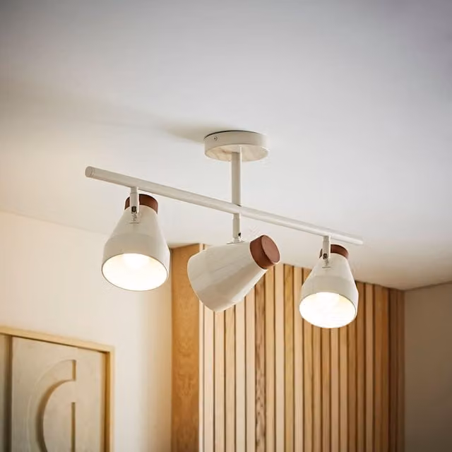 Parker Walnut Mid-Century Adjustable 3-Way Bar Ceiling Light in White and Wood