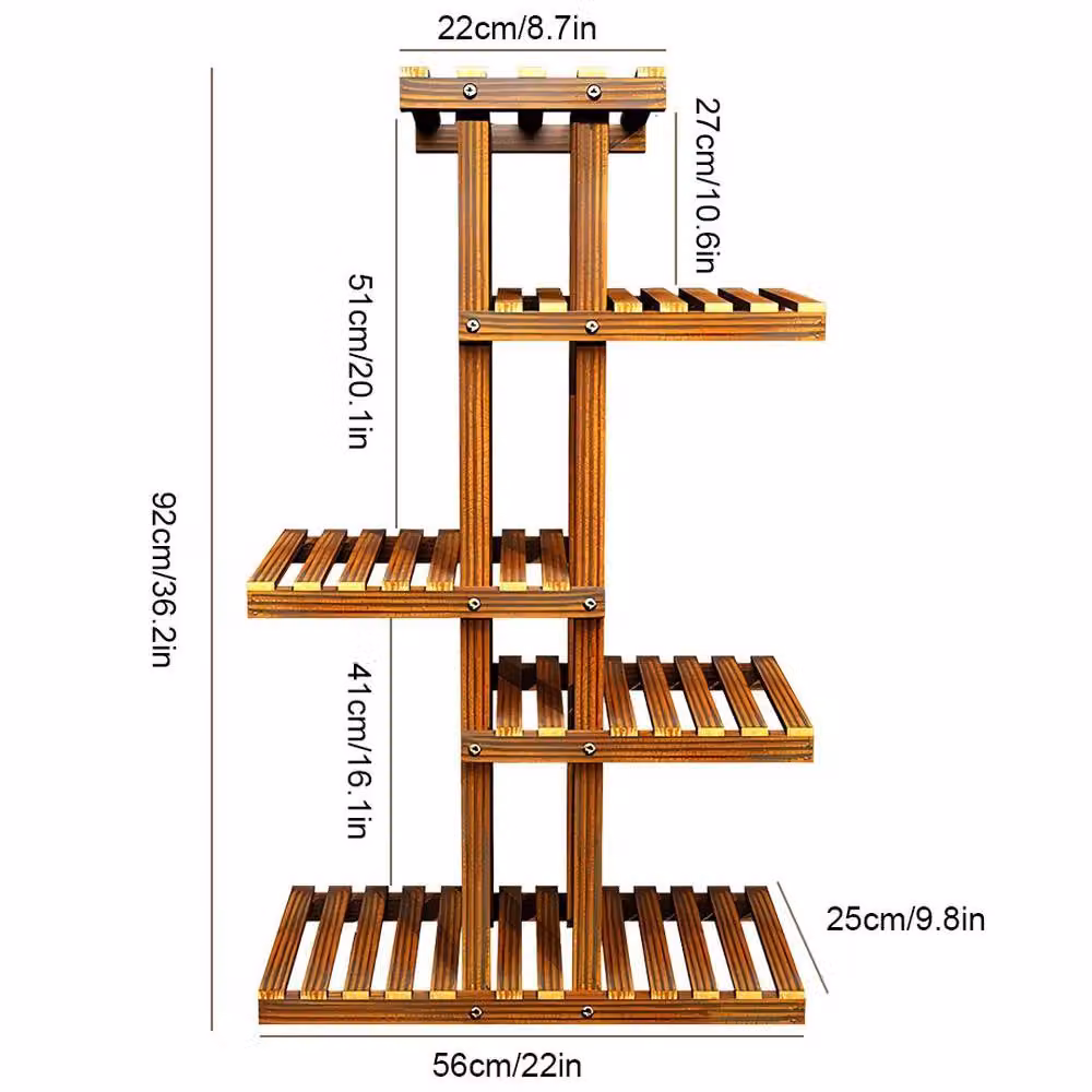 KORVIXA 5 Tier Rustic Brown Wooden Plant Shelf Rack and Flower Pot Holder – 2