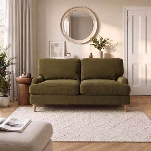 Furniturebox UK Bernie Green 2 Seater Chenille Fabric Sofa in Blue and Green with Walnut Wood Frame